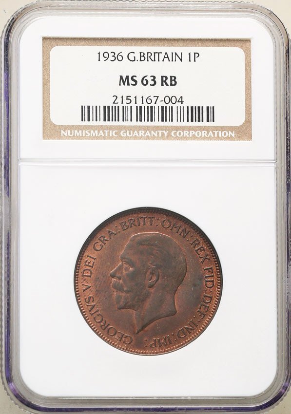 Wielka Brytania. 1 Penny 1936 NGC MS63 RB